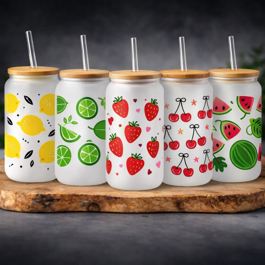 Frosted Glass Cans with Bamboo Lid & Straw 16oz