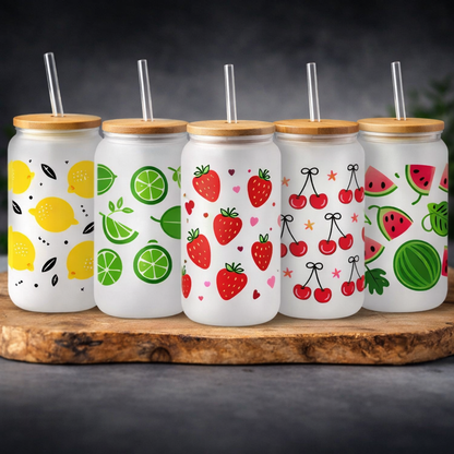 Frosted Glass Cans with Bamboo Lid & Straw 16oz