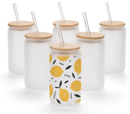 Frosted Glass Cans with Bamboo Lid & Straw 16oz