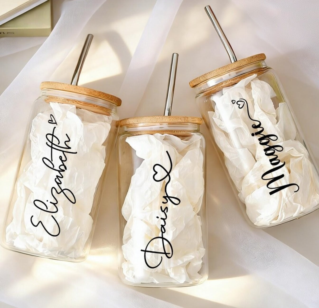 Frosted Glass Cans with Bamboo Lid & Straw 16oz